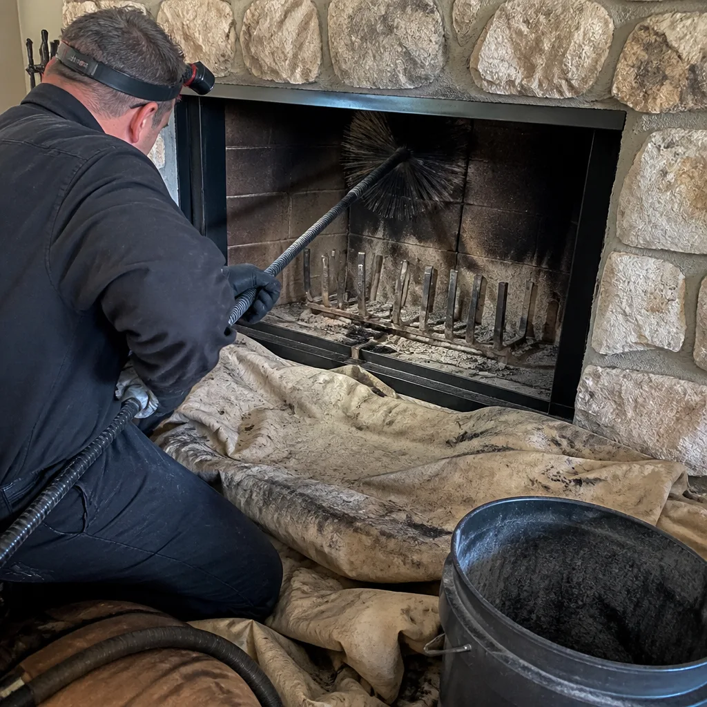 Professional chimney sweep cleaning a fireplace with a rotary brush tool.