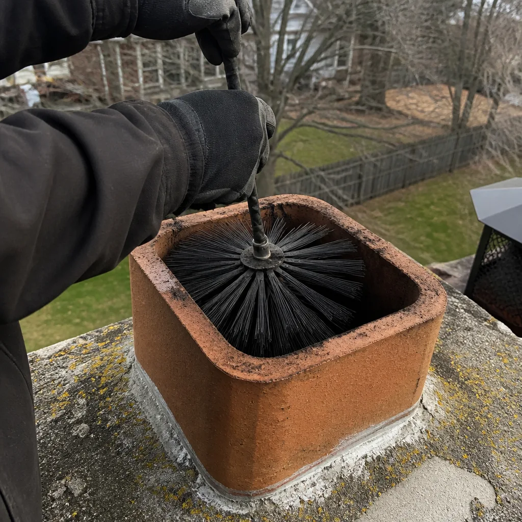 Professional chimney sweep cleaning a brick fireplace chimney flue on rooftop
