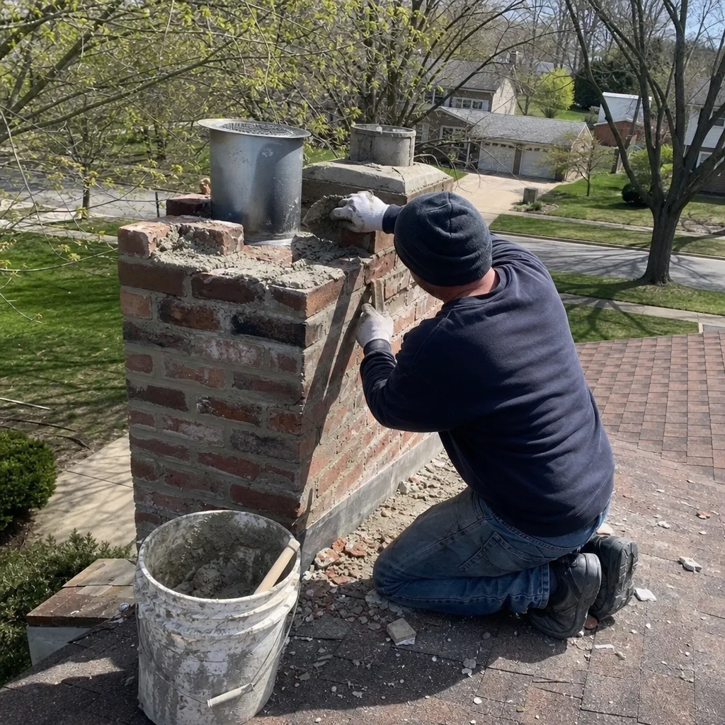 Professional mason performing chimney brickwork repair on a residential rooftop