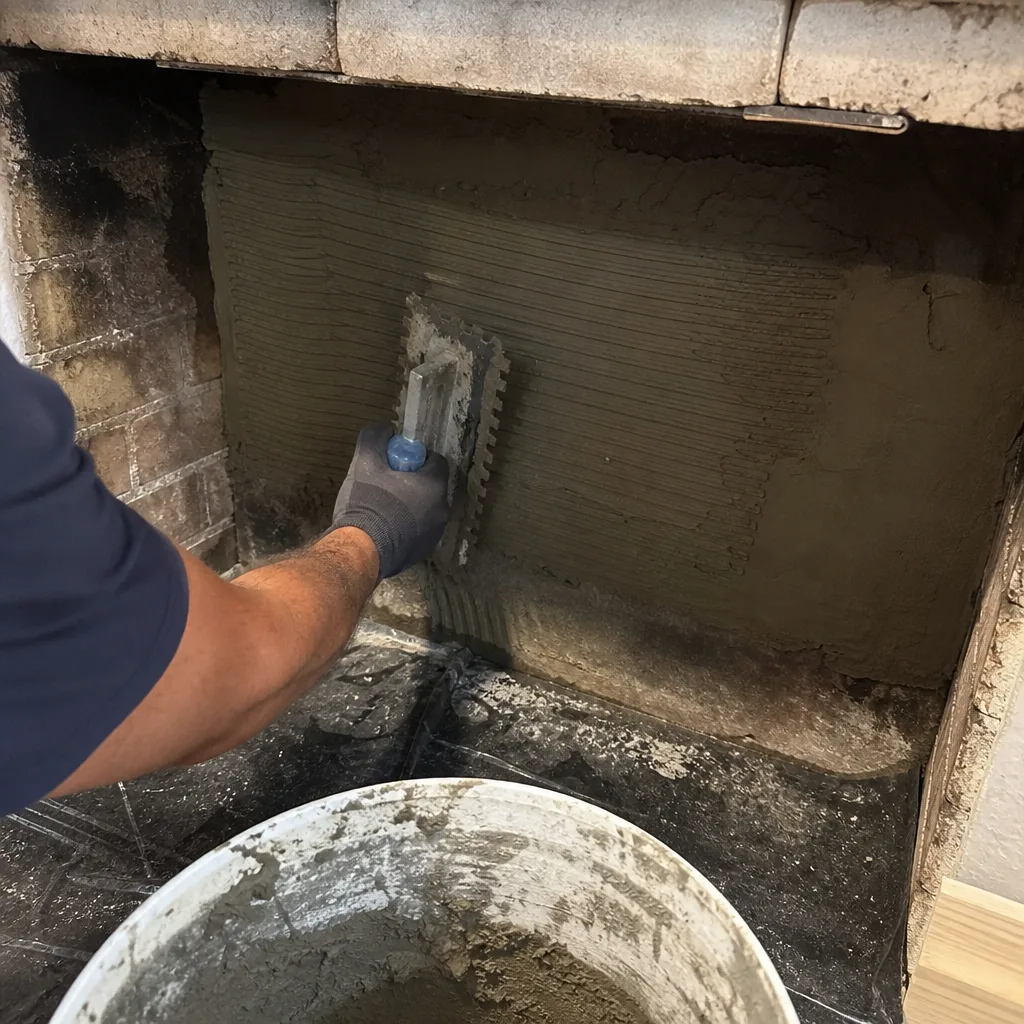 professional applying mortar to fireplace interior with a notched trowel