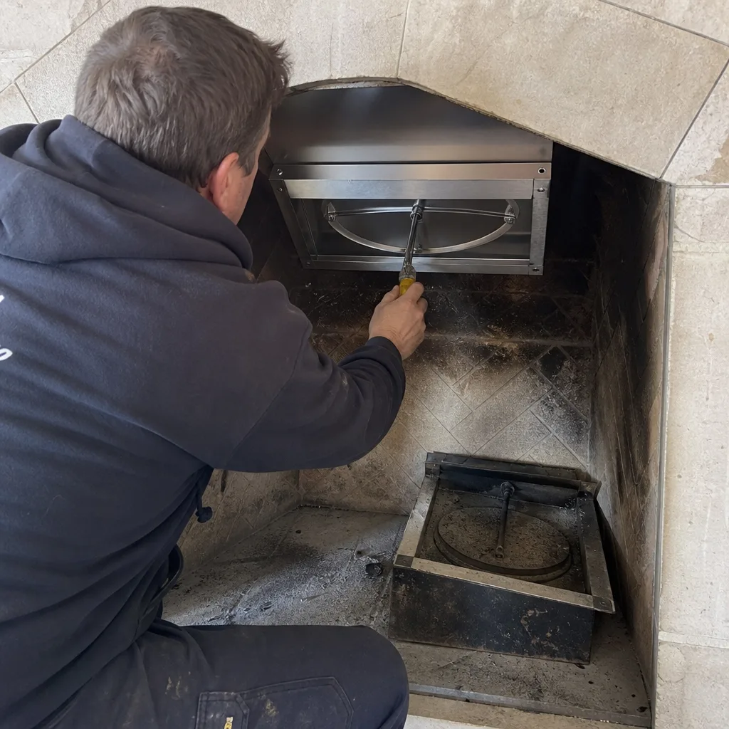 Technician performing professional fireplace burner installation and chimney maintenance services