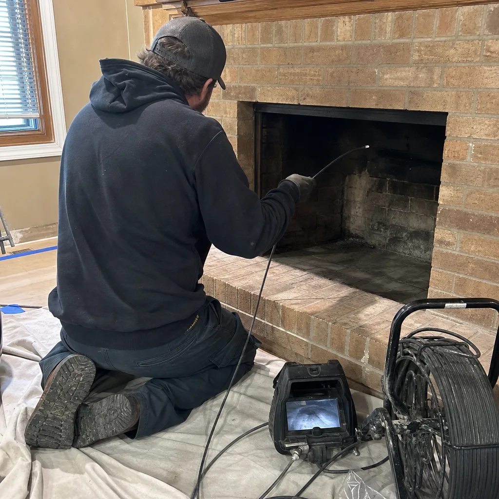 Technician performing a professional fireplace chimney inspection with a camera